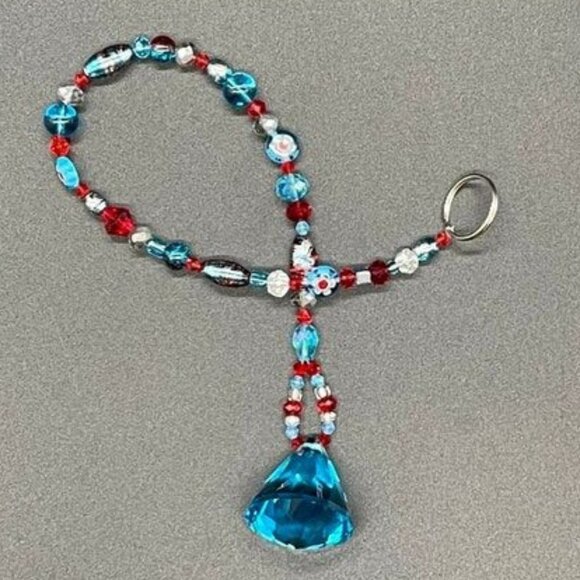 Beaded Suncatcher - Red Turquoise -Triangular Crystal Prism - Hanging Decor - Picture 4 of 16